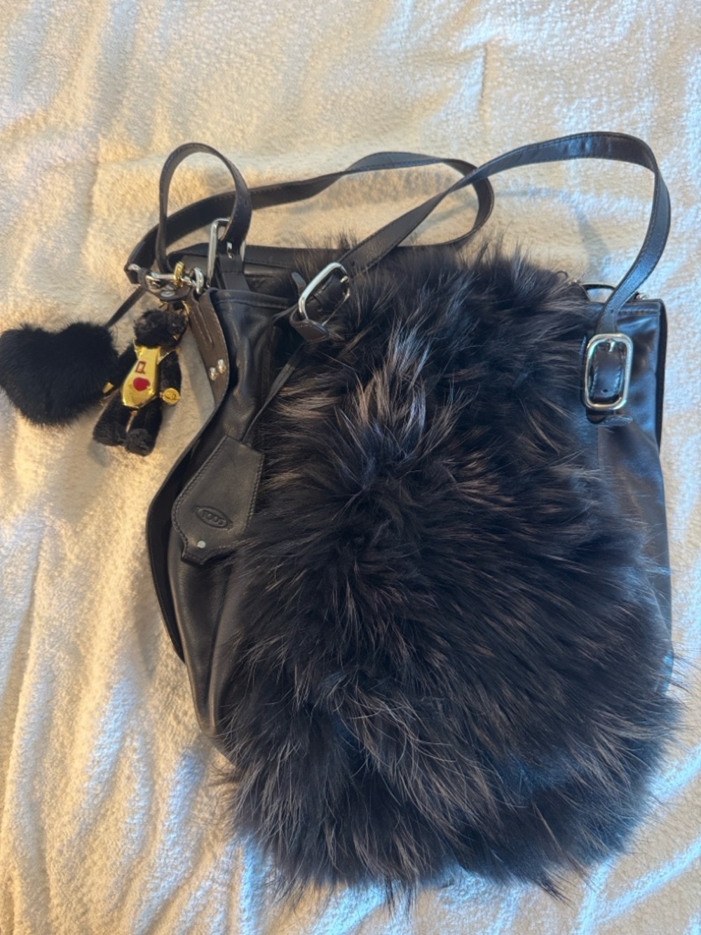 TOD’S Vintage Fox Fur Leather Shoulder Bag with Prada Bag Charm